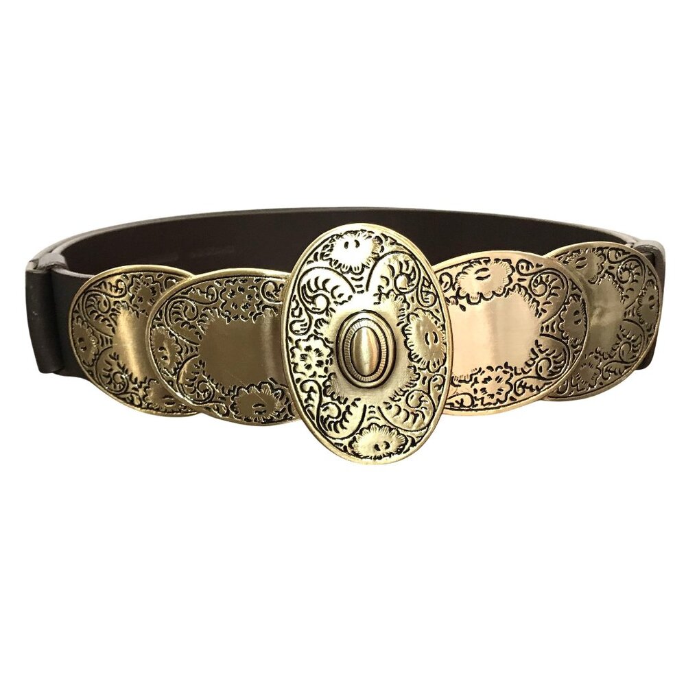 Chicos Brown Leather Belt With Ornate Gold Metal Engraved Buckle Size S-L Adjust